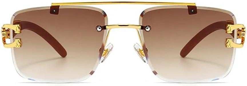 Junsika Oversized Rimless Square Sunglasses for Men Women Classic Retro Designer Imitation Wooden Sunglasses