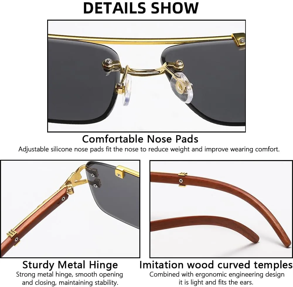 Junsika Oversized Rimless Square Sunglasses for Men Women Classic Retro Designer Imitation Wooden Sunglasses