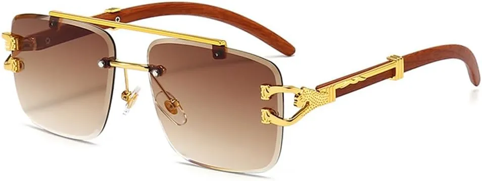 Junsika Oversized Rimless Square Sunglasses for Men Women Classic Retro Designer Imitation Wooden Sunglasses