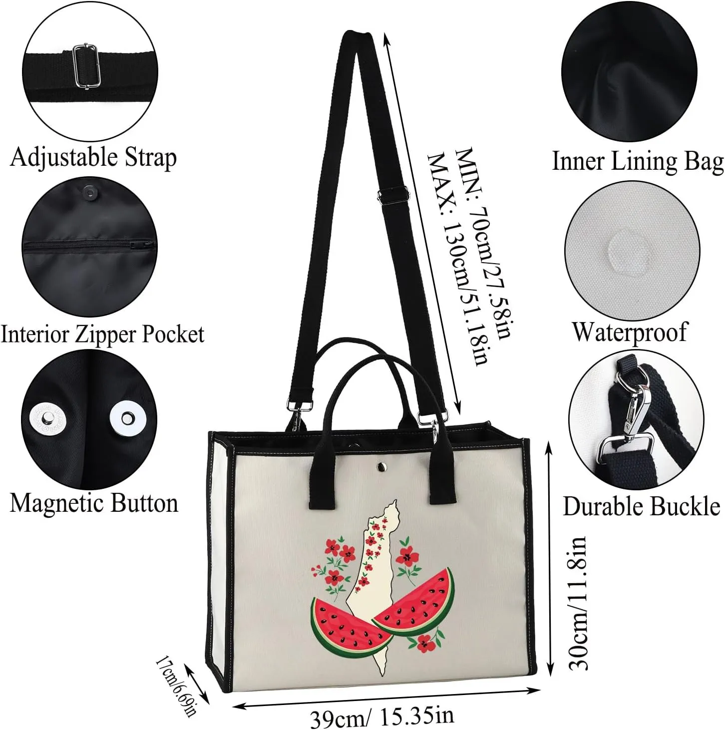 JXGZSO Watermelon Palestine Tote Bag - Free Palestine Flag Shopping Bag Support Gift