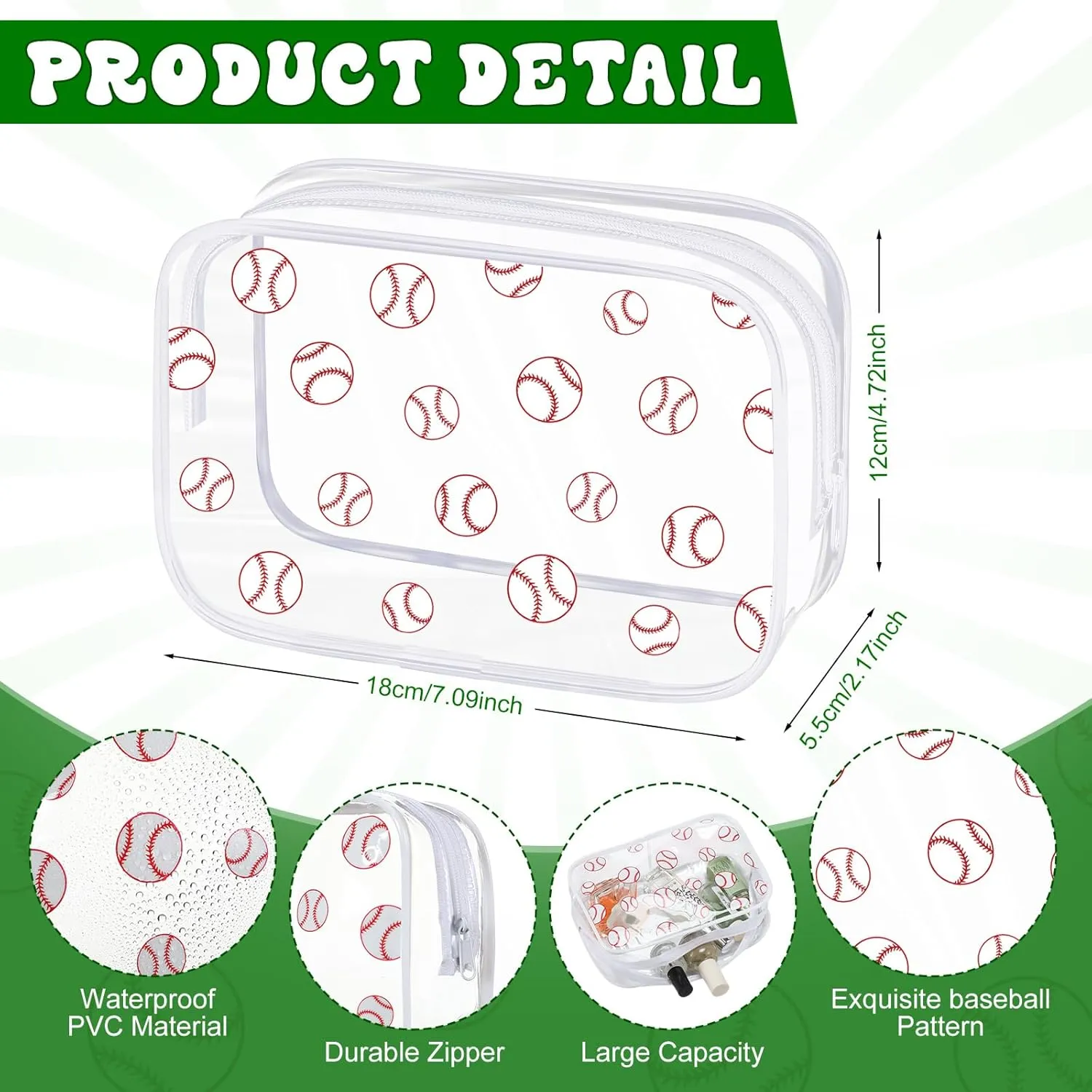 Kacctyen 12 Pcs Baseball Clear Makeup Bag with Zipper Bulk Sport Goodie Clear PVC Pouch Organizer Waterproof Travel Case for Woman Team Gifts Birthday Decorations Supplies