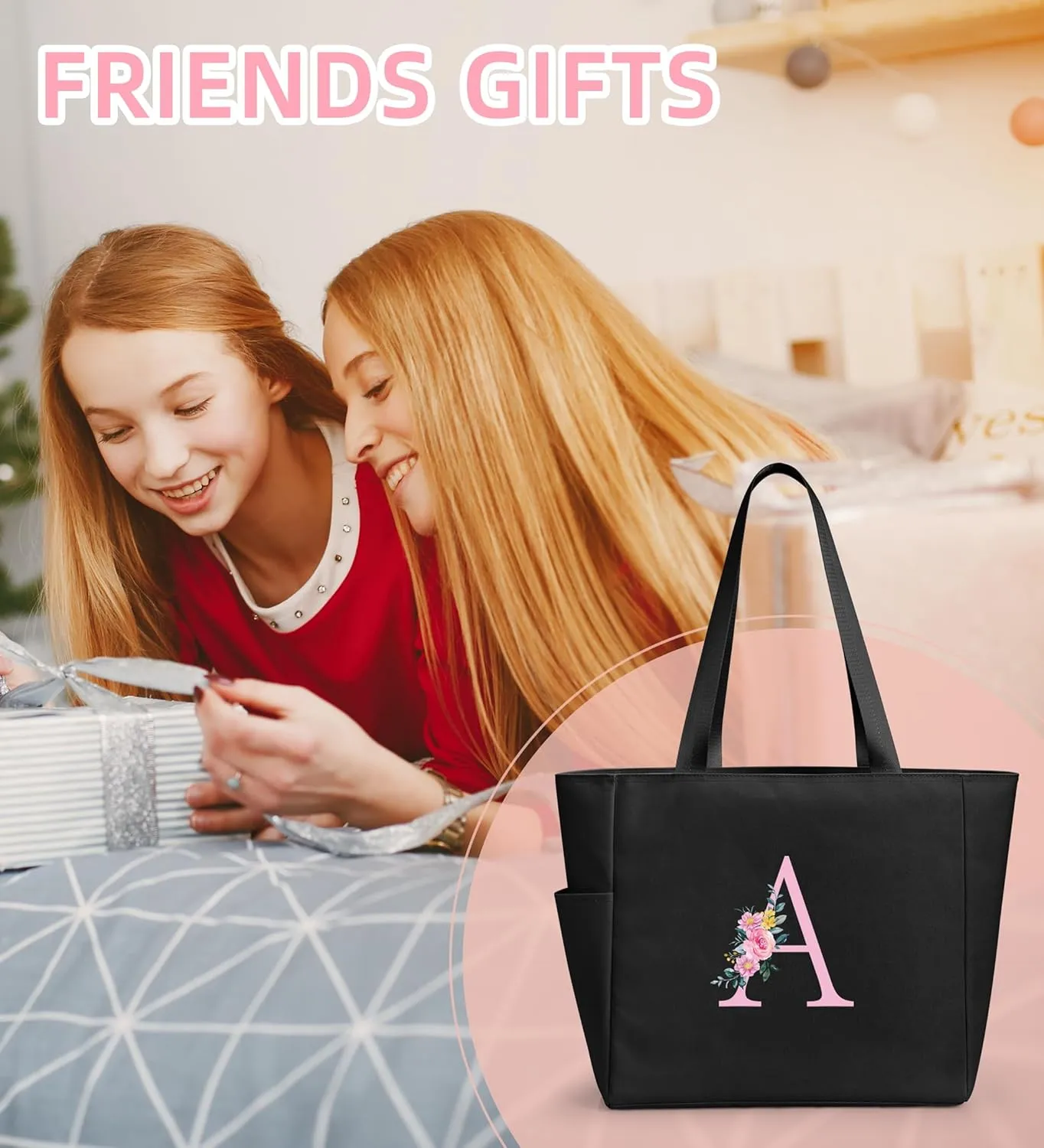 KALIDI Personalized Beach Tote Bag, Initial Alphabet Gift Zipper Grocery Bag for Mom Teacher Friend Wedding Daily Shopping