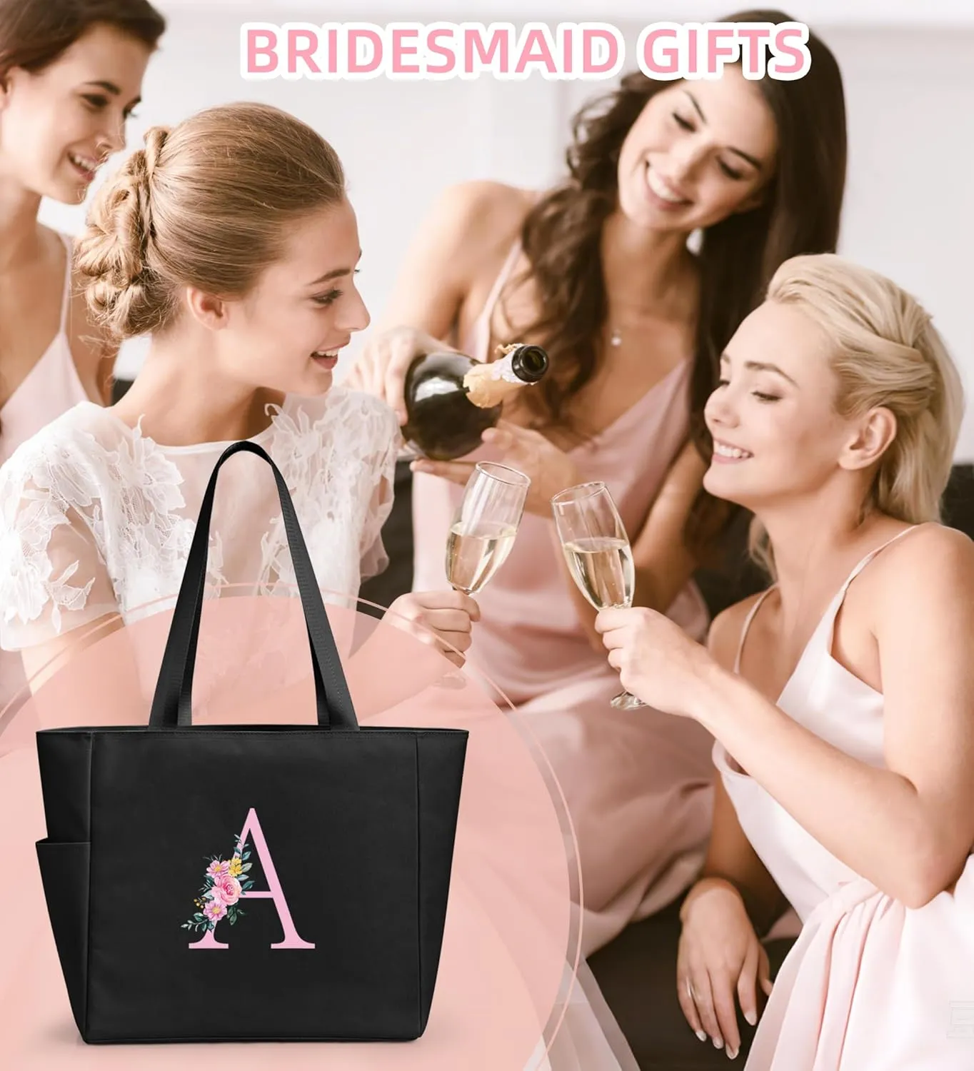 KALIDI Personalized Beach Tote Bag, Initial Alphabet Gift Zipper Grocery Bag for Mom Teacher Friend Wedding Daily Shopping