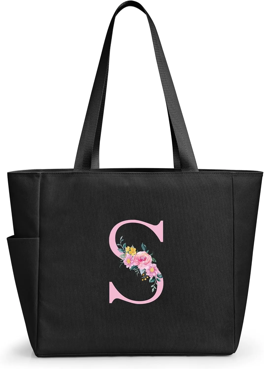 KALIDI Personalized Beach Tote Bag, Initial Alphabet Gift Zipper Grocery Bag for Mom Teacher Friend Wedding Daily Shopping