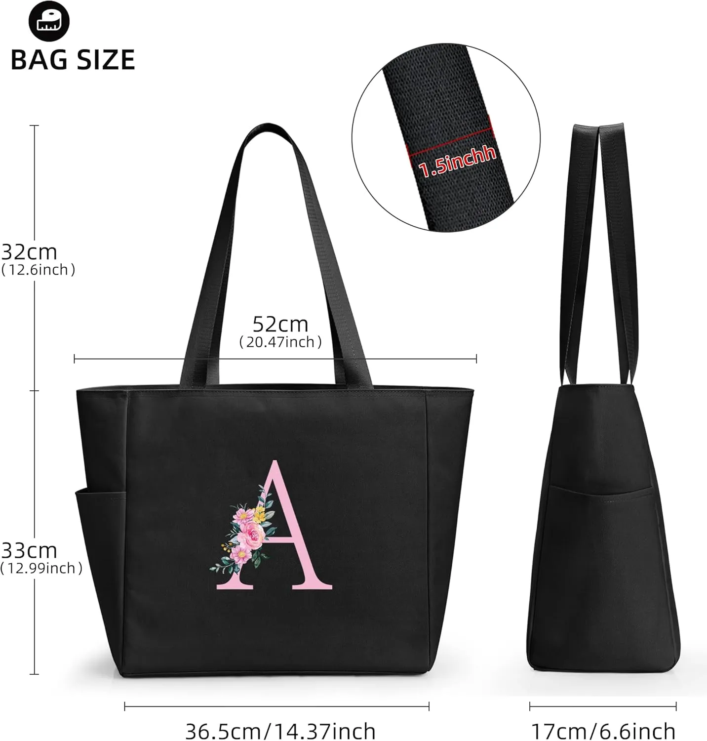 KALIDI Personalized Beach Tote Bag, Initial Alphabet Gift Zipper Grocery Bag for Mom Teacher Friend Wedding Daily Shopping