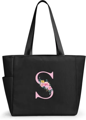 KALIDI Personalized Beach Tote Bag, Initial Alphabet Gift Zipper Grocery Bag for Mom Teacher Friend Wedding Daily Shopping
