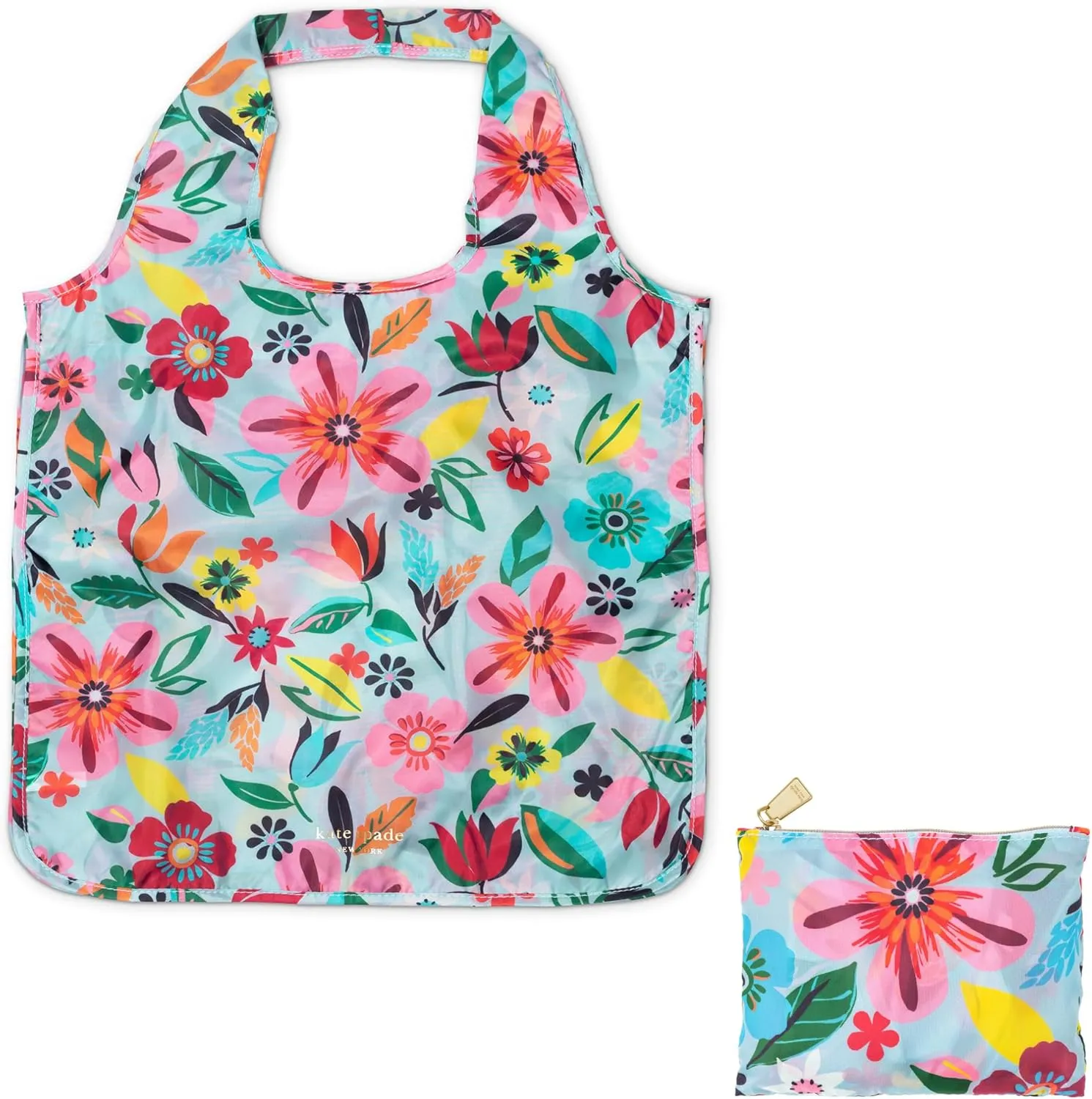 kate spade new york Reusable Produce Bags, Shopping Tote with Zipper Storage Pouch, Lightweight Foldable Grocery Bag, Safari Floral