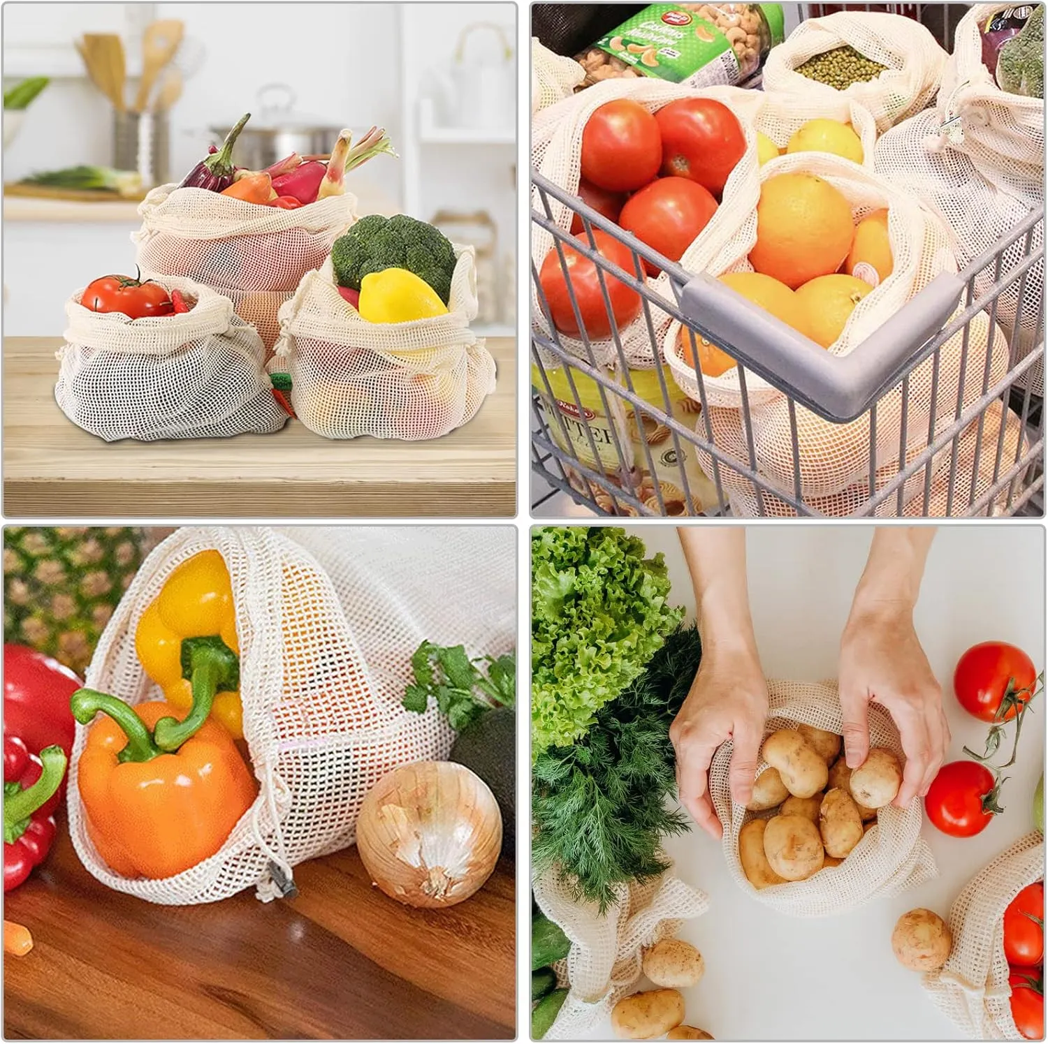 KerKoor Reusable-Cotton-Mesh-Produce-shopping-Bags-Washable Eco Friendly Premium See Through Lightweight Net zero Bulk Bags for Veggie Fruit Vegetable Grocery Storage (9 Packs)