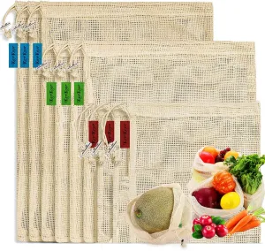 KerKoor Reusable-Cotton-Mesh-Produce-shopping-Bags-Washable Eco Friendly Premium See Through Lightweight Net zero Bulk Bags for Veggie Fruit Vegetable Grocery Storage (9 Packs)