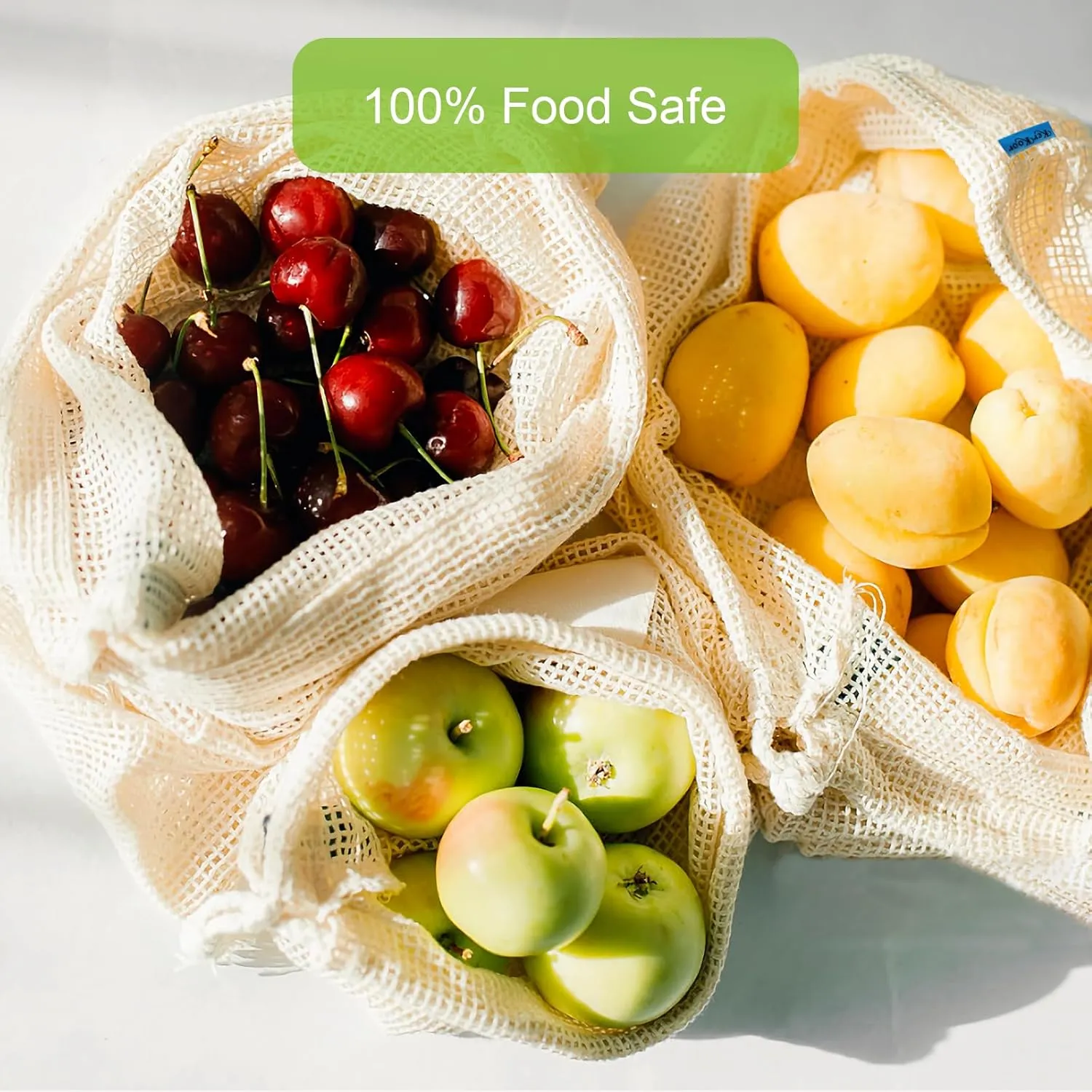 KerKoor Reusable-Cotton-Mesh-Produce-shopping-Bags-Washable Eco Friendly Premium See Through Lightweight Net zero Bulk Bags for Veggie Fruit Vegetable Grocery Storage (9 Packs)