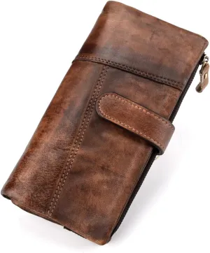 KingTo Genuine Leather Long Wallet for Women Vintage Checkbook Wallets with RFID Blocking Card Holder (Coffee color)