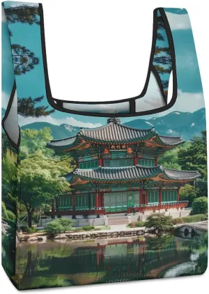 Korean Architecture Palace of Koreas Shopping Bag Reusable Grocery Tote Bag Foldable Handbag with Handle for Travel Picnic