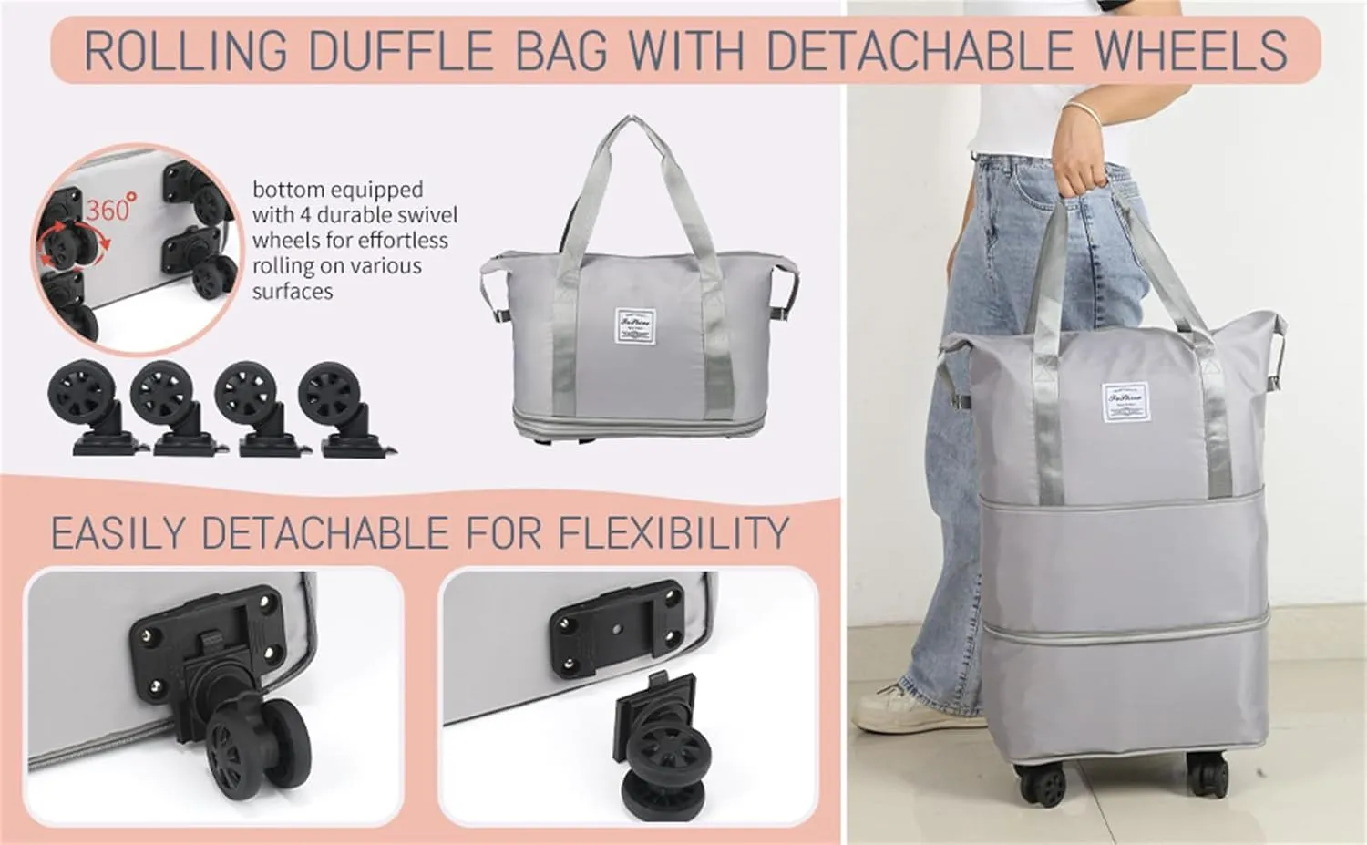 Kulken Travel Bag with Wheels, 2025 New Large Capacity Travel Bag - Universal Wheel Removable