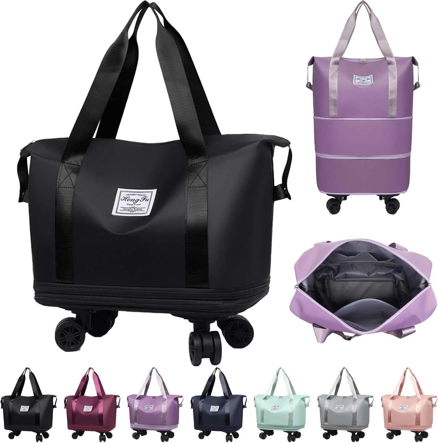 Kulken Travel Bag with Wheels, Large Capacity Travel Bag, Universal Wheel Removable, Expandable Foldable Duffle Bag, Rolling with Wheels (Black)