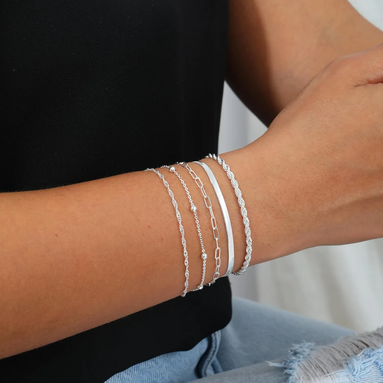 Kyerlyn Silver Gold Bracelets for Women Waterproof, 14K Real Gold Jewelry Sets for Women Trendy Dainty Stackable Cuban Link Paperclip Chain Bracelet