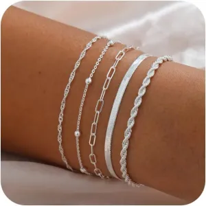 Kyerlyn Silver Gold Bracelets for Women Waterproof, 14K Real Gold Jewelry Sets for Women Trendy Dainty Stackable Cuban Link Paperclip Chain Bracelet
