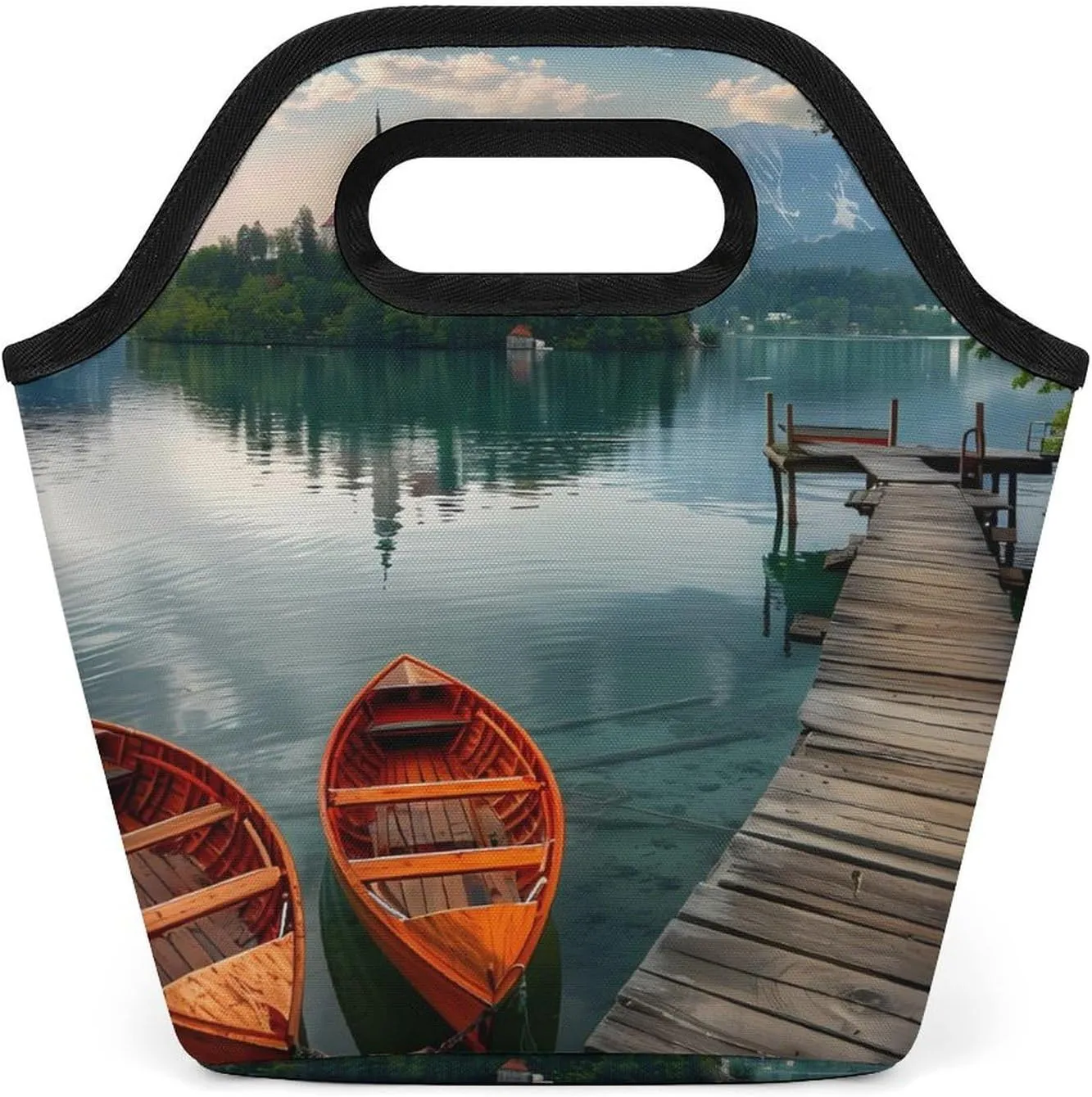 Lake Bled Slovenia Church on The Island Reusable Grocery Bags Portable Lightweight Waterproof Shopping Tote Bag