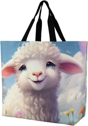 Lambs Flowers Sheep Shoulder Bag Large Capacity Shopping Bag Washable Grocery Bag Handbag for Women Men