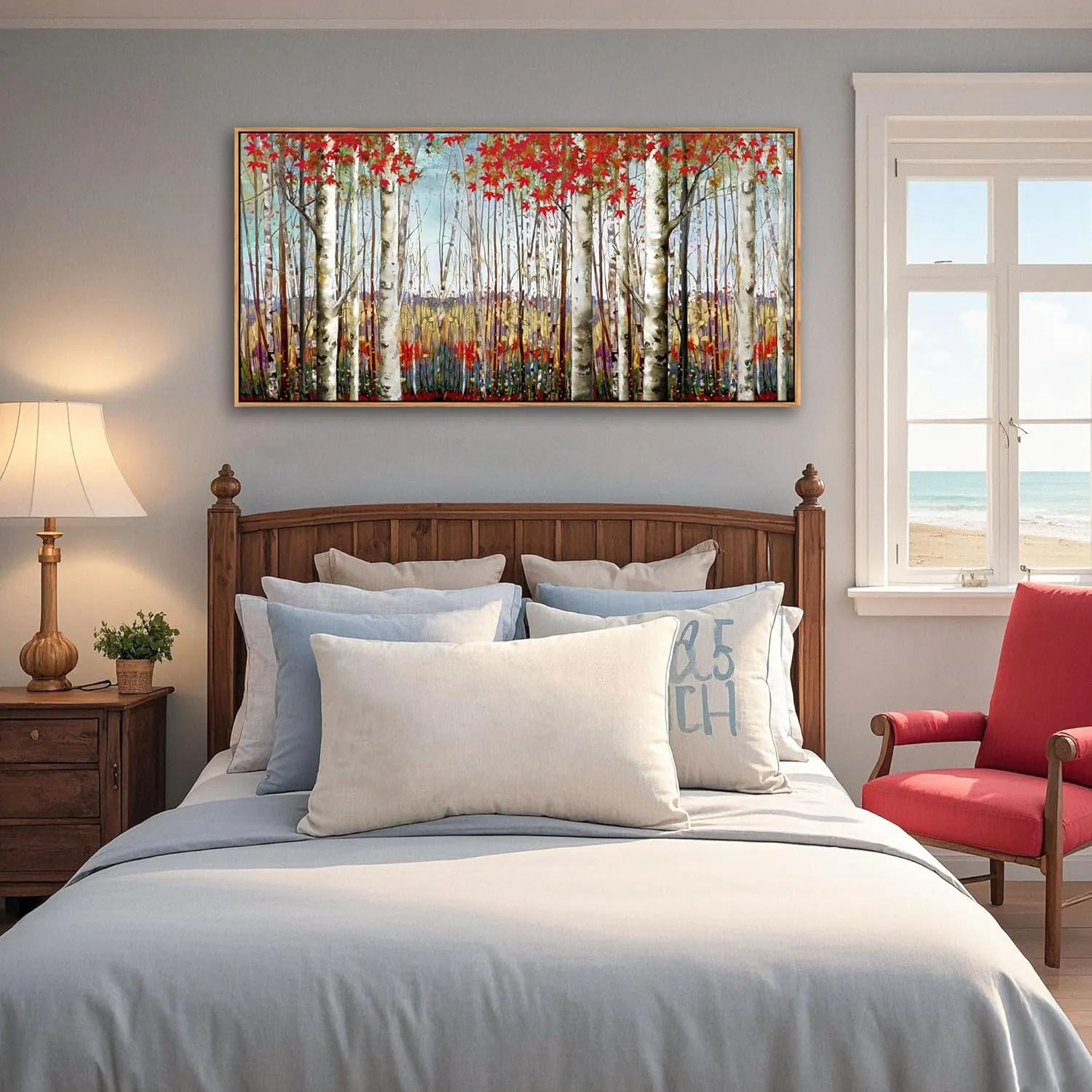 Large Framed Wall Art for Living Room Bedroom Modern Wall Decor of Red Leaves White Birch Tree Painting Artwork Wall Decoration 24x48 with Soild Wood Dark Framed Easy to Hang for Home Wall Art