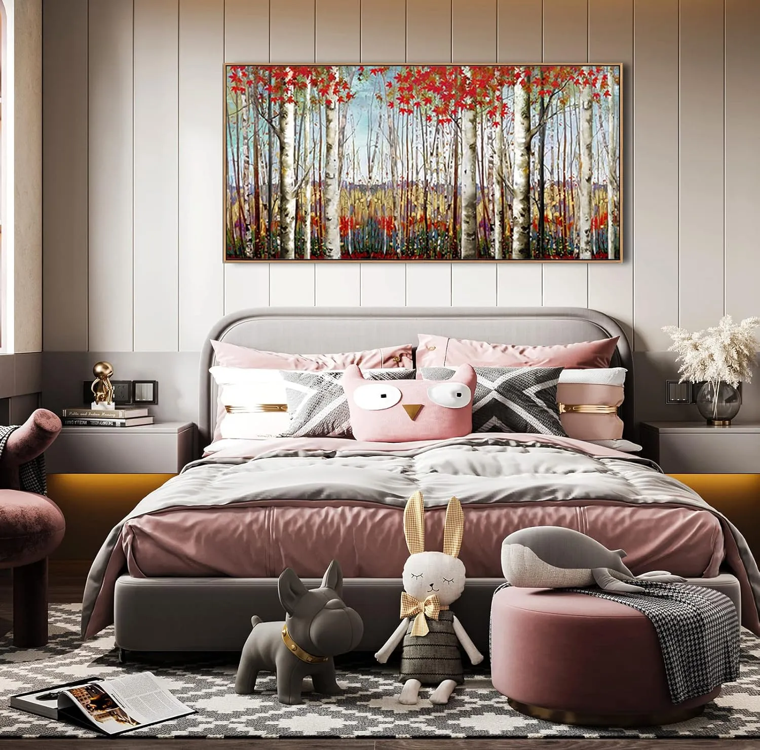 Large Framed Wall Art for Living Room Bedroom Modern Wall Decor of Red Leaves White Birch Tree Painting Artwork Wall Decoration 24x48 with Soild Wood Dark Framed Easy to Hang for Home Wall Art