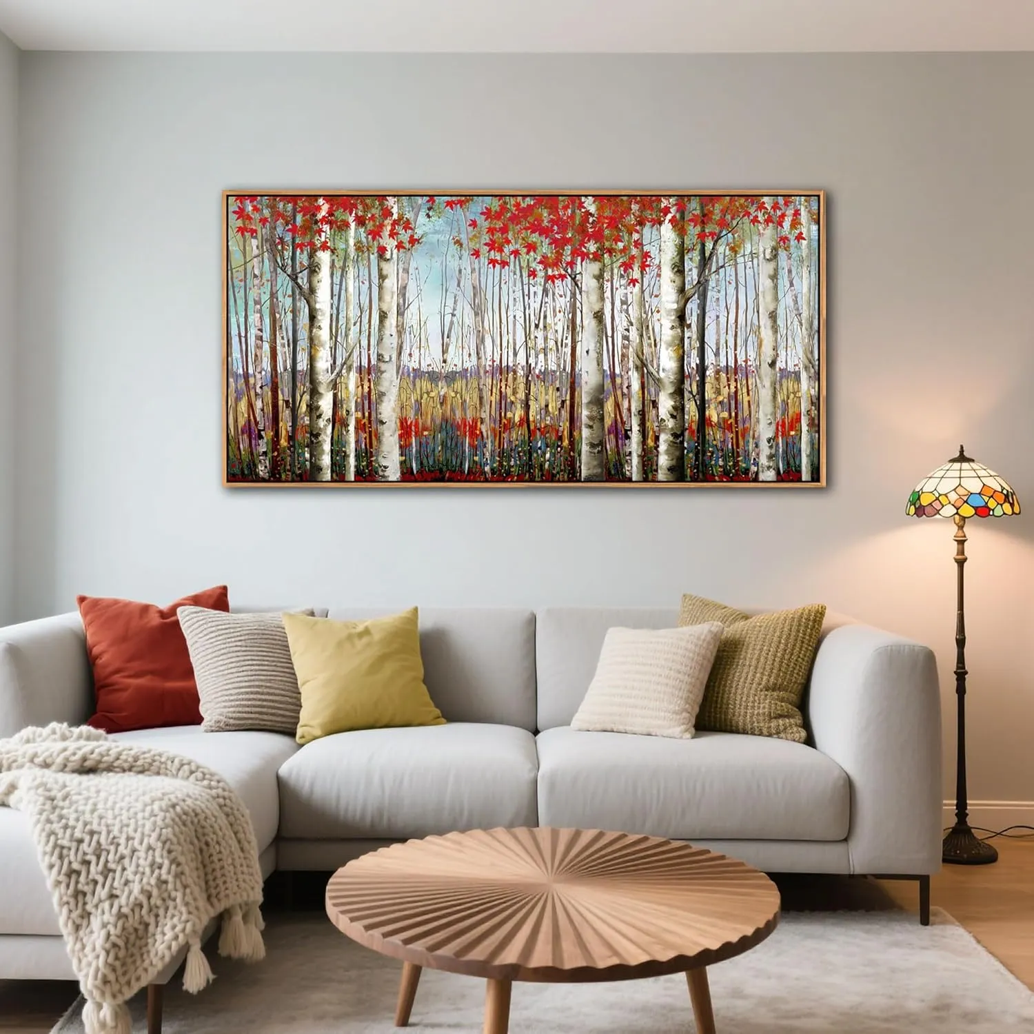 Large Framed Wall Art for Living Room Bedroom Modern Wall Decor of Red Leaves White Birch Tree Painting Artwork Wall Decoration 24x48 with Soild Wood Dark Framed Easy to Hang for Home Wall Art