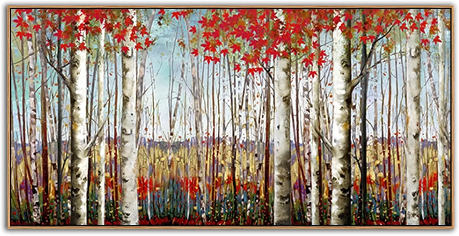 Large Framed Wall Art for Living Room Bedroom Modern Wall Decor of Red Leaves White Birch Tree Painting Artwork Wall Decoration 24x48 with Soild Wood Dark Framed Easy to Hang for Home Wall Art