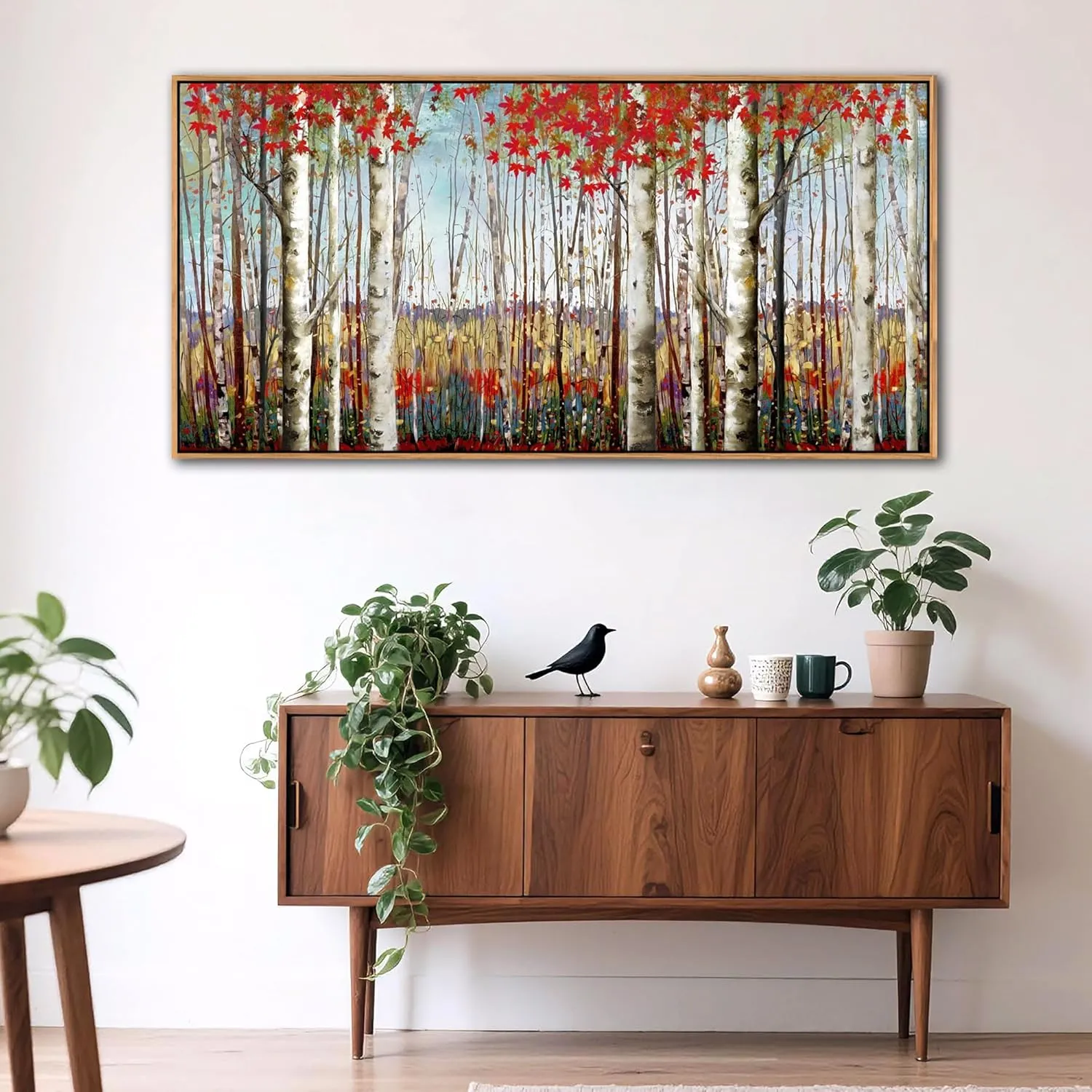 Large Framed Wall Art for Living Room Bedroom Modern Wall Decor of Red Leaves White Birch Tree Painting Artwork Wall Decoration 24x48 with Soild Wood Dark Framed Easy to Hang for Home Wall Art