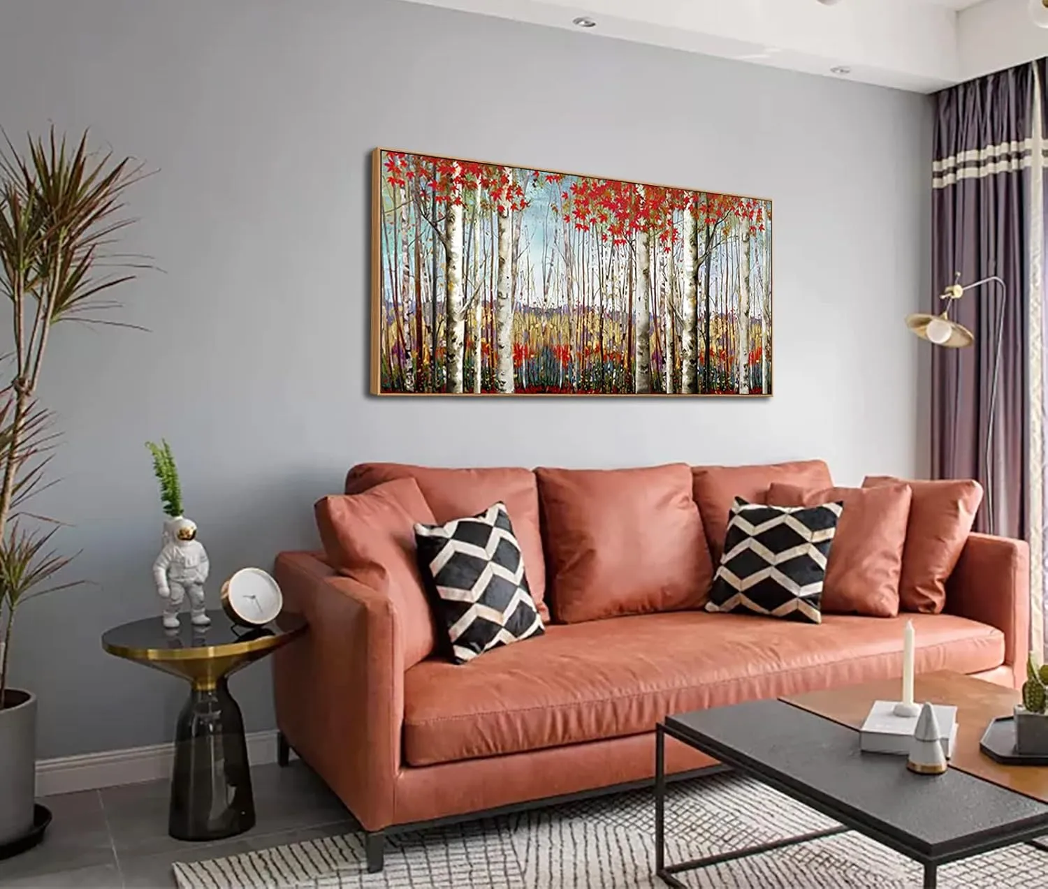 Large Framed Wall Art for Living Room Bedroom Modern Wall Decor of Red Leaves White Birch Tree Painting Artwork Wall Decoration 24x48 with Soild Wood Dark Framed Easy to Hang for Home Wall Art