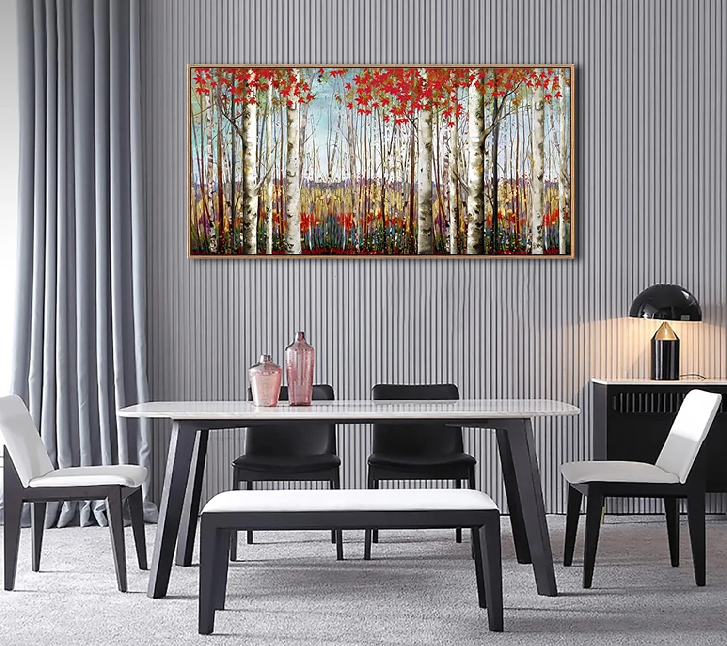 Large Framed Wall Art for Living Room Bedroom Modern Wall Decor of Red Leaves White Birch Tree Painting Artwork Wall Decoration 24x48 with Soild Wood Dark Framed Easy to Hang for Home Wall Art