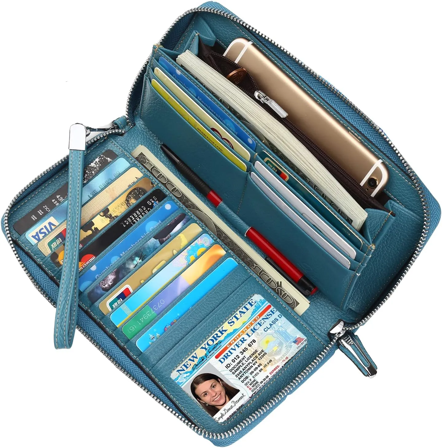 Lavemi Women's RFID Blocking 100% Leather Large Capacity Zip Around Wallet Phone Holder Clutch Travel Purse Wristlet
