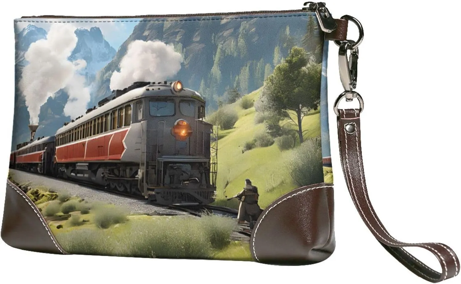 Leather Clutch Bag Funny Print Elegant Versatile Large Wallet Purse, Gifts for Women (Steam Locomotive Train)