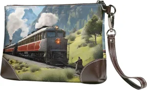 Leather Clutch Bag Funny Print Elegant Versatile Large Wallet Purse, Gifts for Women (Steam Locomotive Train)