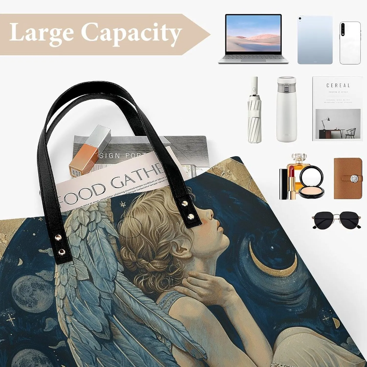 Leather Handbag for Women Tote Bag with Magnetic Buckle Angel with Blue Wings Crossbody Bag Shoulder Bags