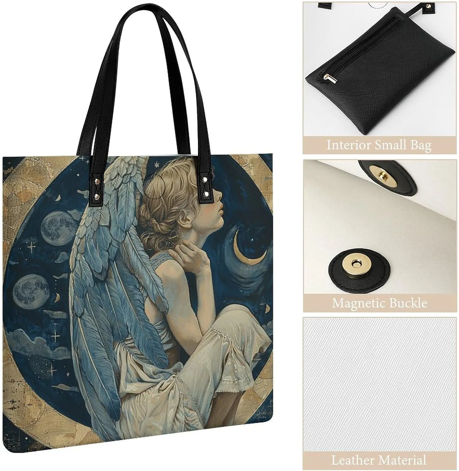 Leather Handbag for Women Tote Bag with Magnetic Buckle Angel with Blue Wings Crossbody Bag Shoulder Bags