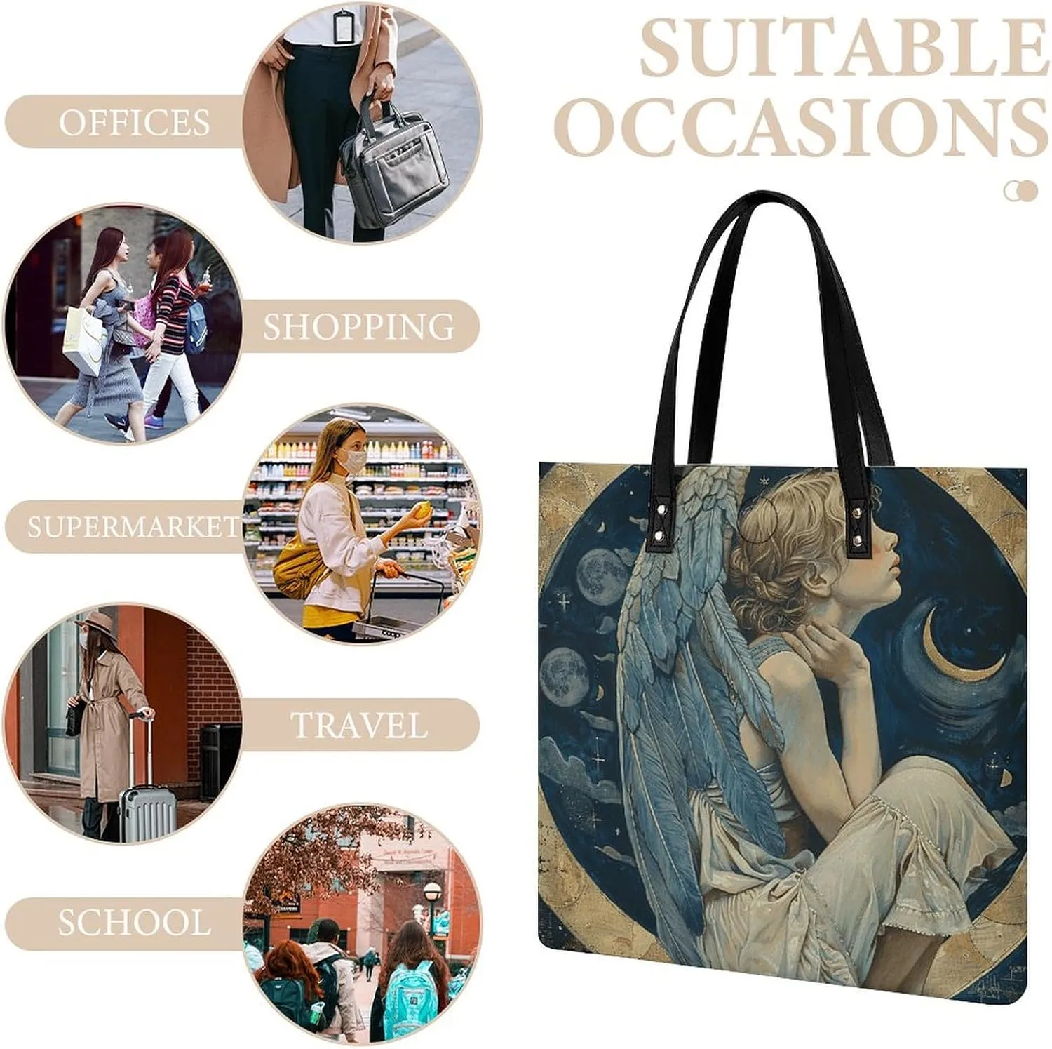 Leather Handbag for Women Tote Bag with Magnetic Buckle Angel with Blue Wings Crossbody Bag Shoulder Bags