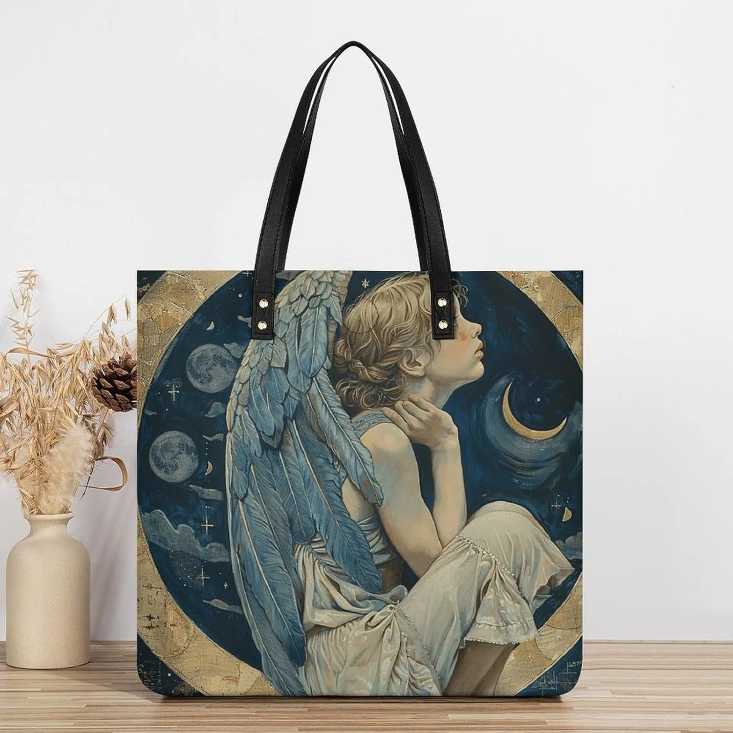 Leather Handbag for Women Tote Bag with Magnetic Buckle Angel with Blue Wings Crossbody Bag Shoulder Bags