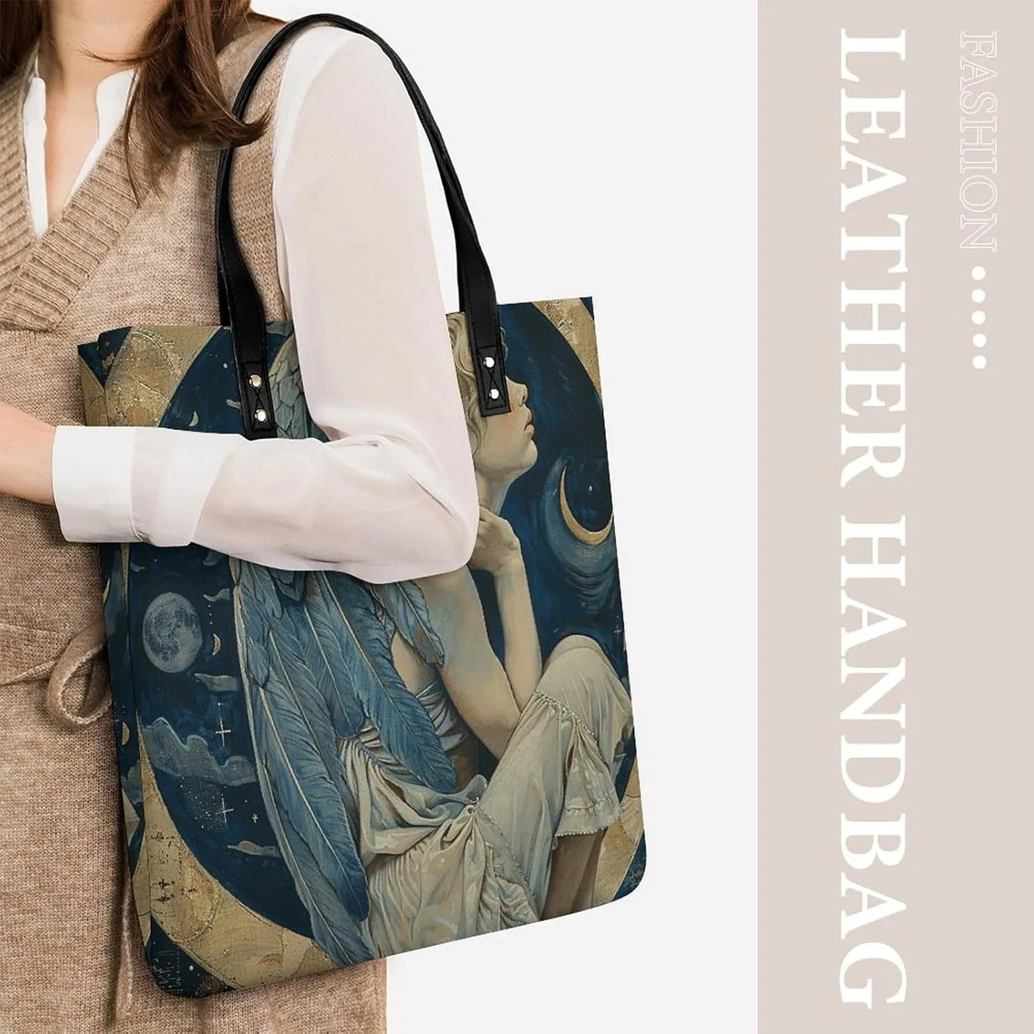 Leather Handbag for Women Tote Bag with Magnetic Buckle Angel with Blue Wings Crossbody Bag Shoulder Bags