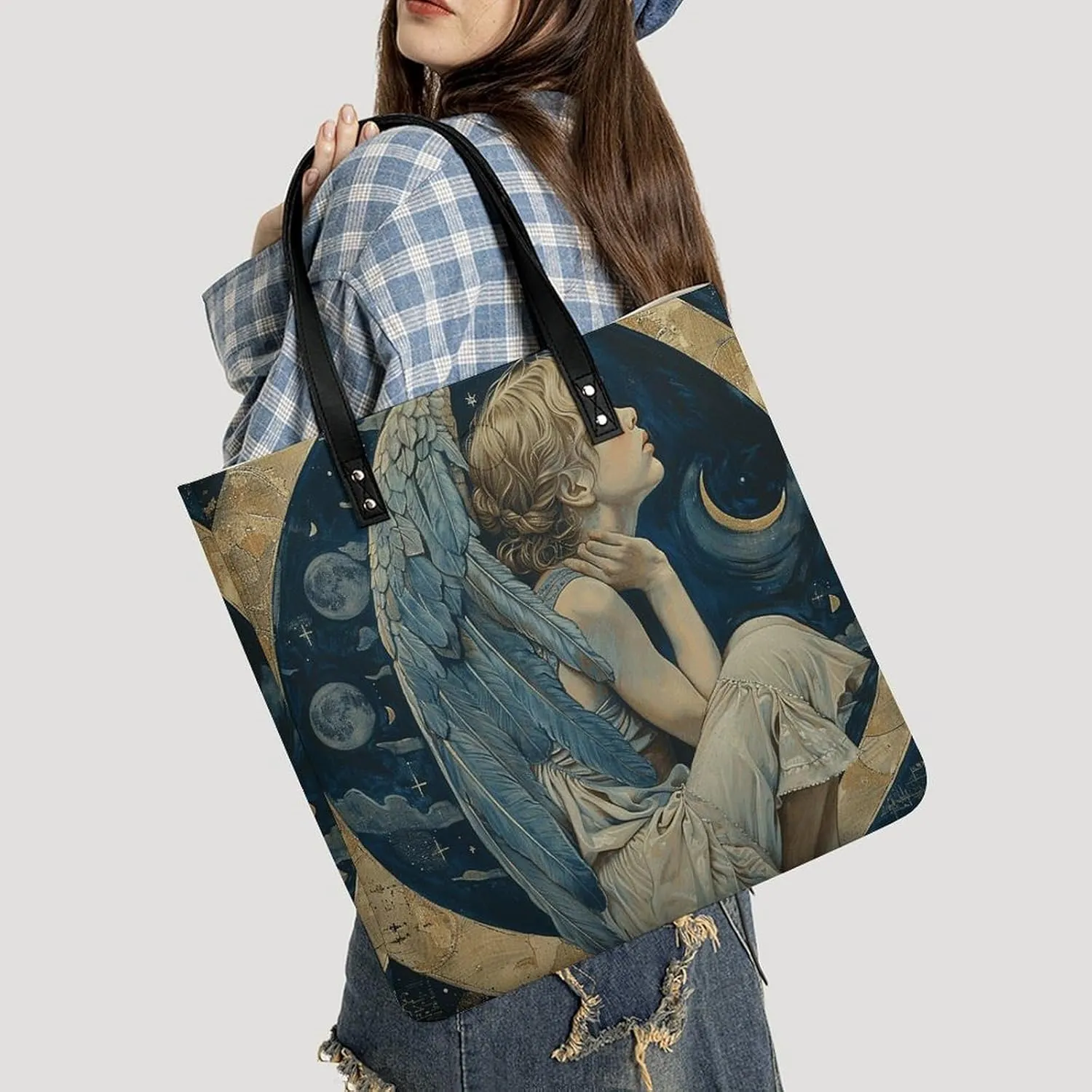 Leather Handbag for Women Tote Bag with Magnetic Buckle Angel with Blue Wings Crossbody Bag Shoulder Bags