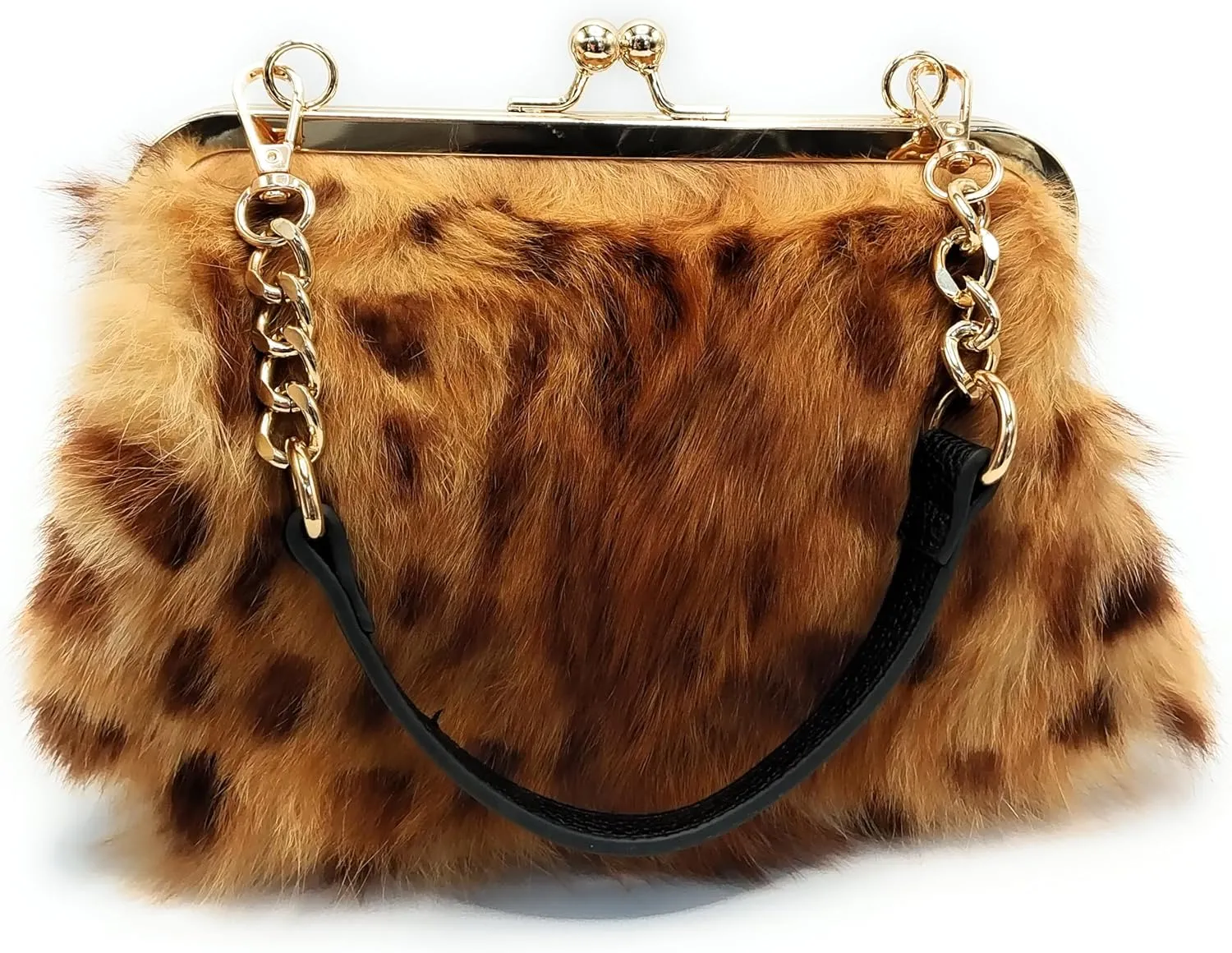 Leopard Print Rex Rabbit Fur Clutch with Gold Clasp and Dual Detachable Straps – Handheld or Shoulder Wear