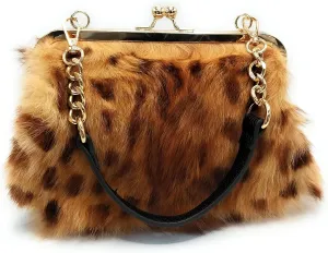 Leopard Print Rex Rabbit Fur Clutch with Gold Clasp and Dual Detachable Straps – Handheld or Shoulder Wear