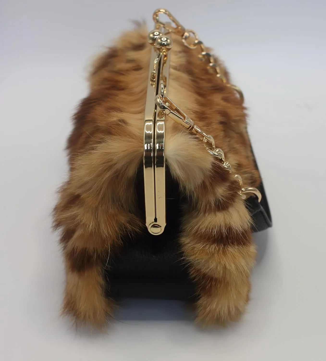 Leopard Print Rex Rabbit Fur Clutch with Gold Clasp and Dual Detachable Straps – Handheld or Shoulder Wear