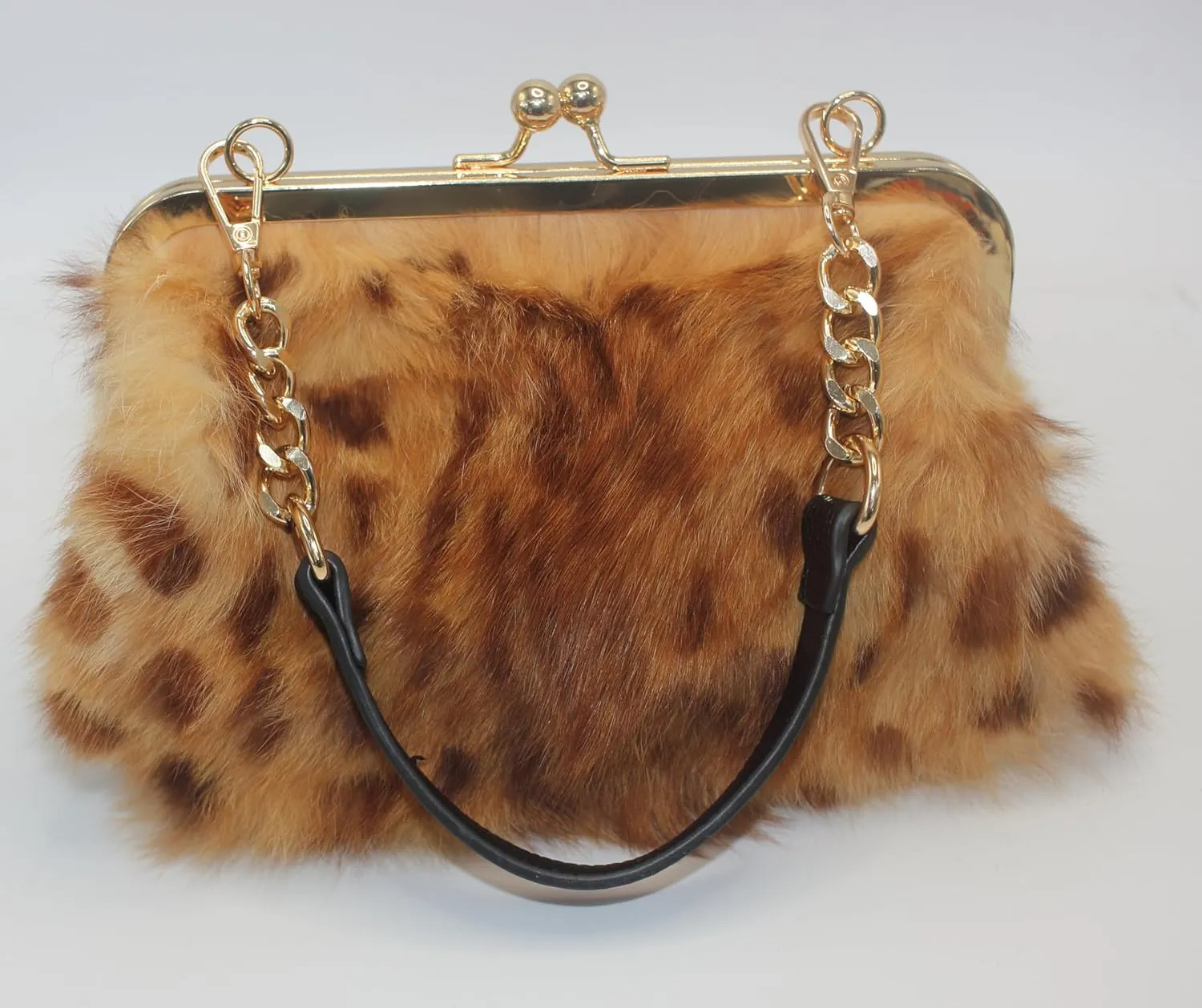 Leopard Print Rex Rabbit Fur Clutch with Gold Clasp and Dual Detachable Straps – Handheld or Shoulder Wear