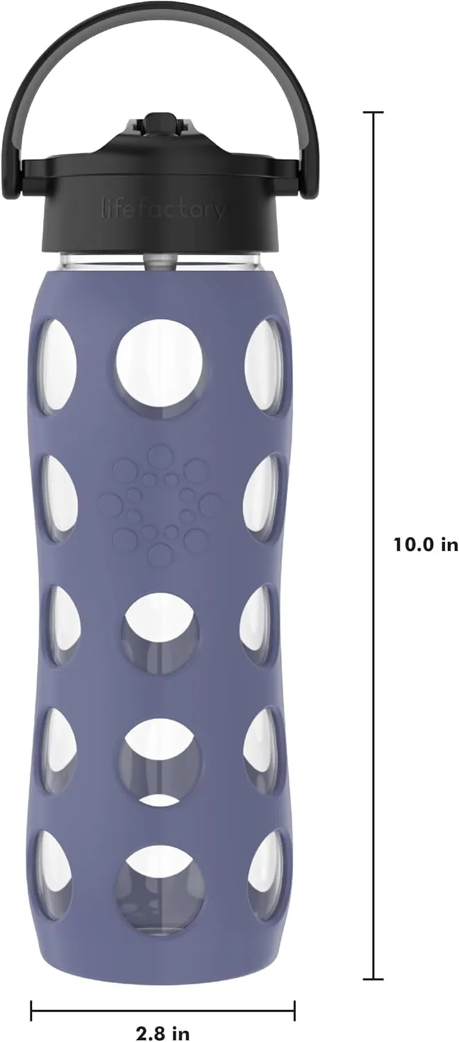 Lifefactory 22-Ounce Glass Water Bottle with Pivot Straw Cap and Protective Silicone Sleeve, Dusty Purple
