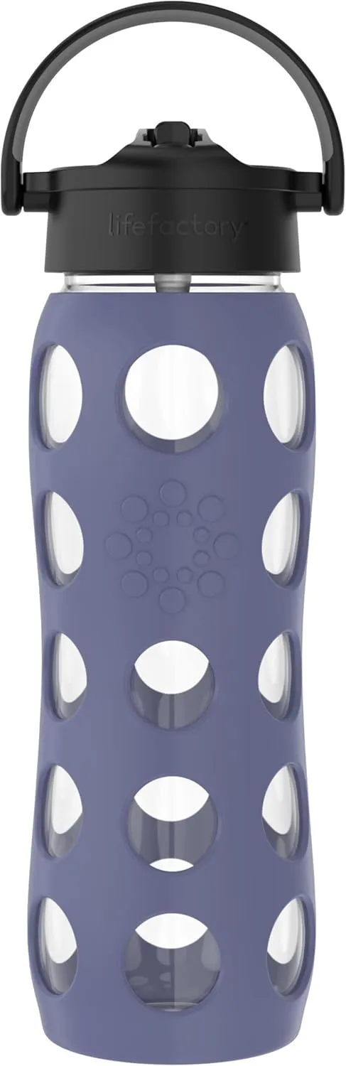 Lifefactory 22-Ounce Glass Water Bottle with Pivot Straw Cap and Protective Silicone Sleeve, Dusty Purple