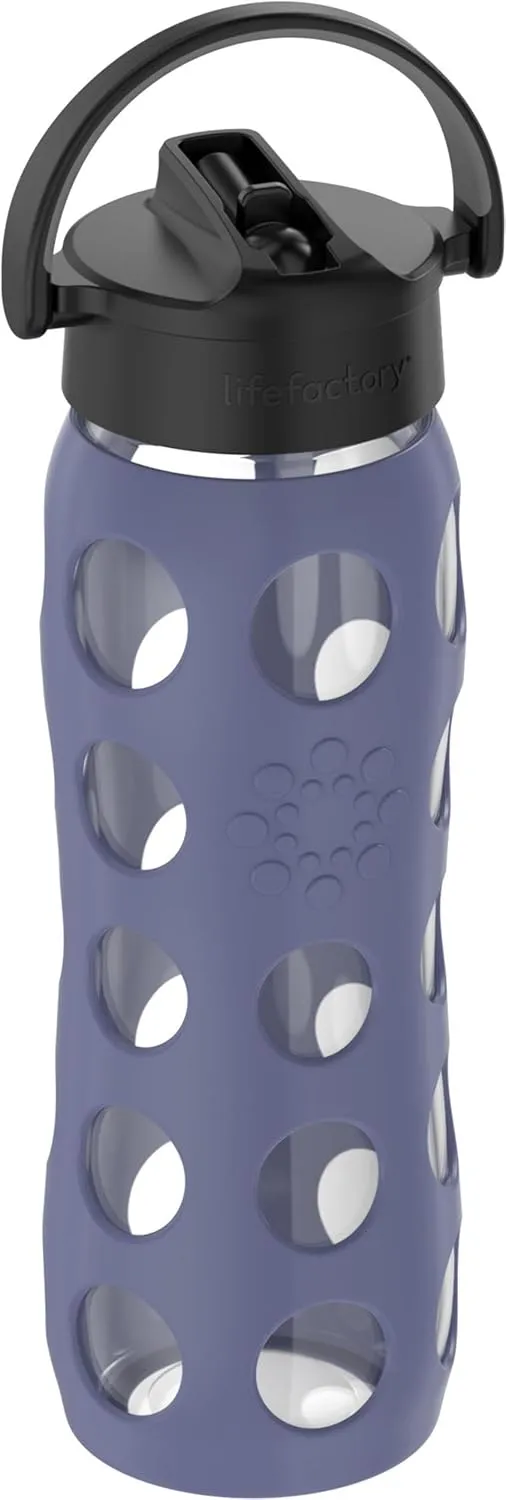 Lifefactory 22-Ounce Glass Water Bottle with Pivot Straw Cap and Protective Silicone Sleeve, Dusty Purple