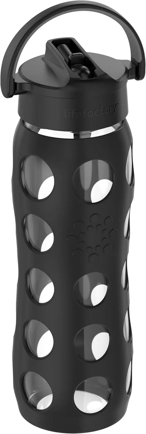 Lifefactory 22-Ounce Glass Water Bottle with Pivot Straw Cap and Protective Silicone Sleeve, Onyx