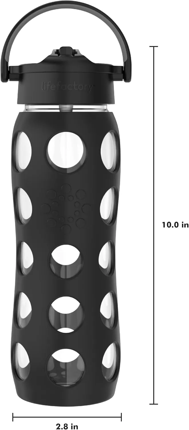 Lifefactory 22-Ounce Glass Water Bottle with Pivot Straw Cap and Protective Silicone Sleeve, Onyx