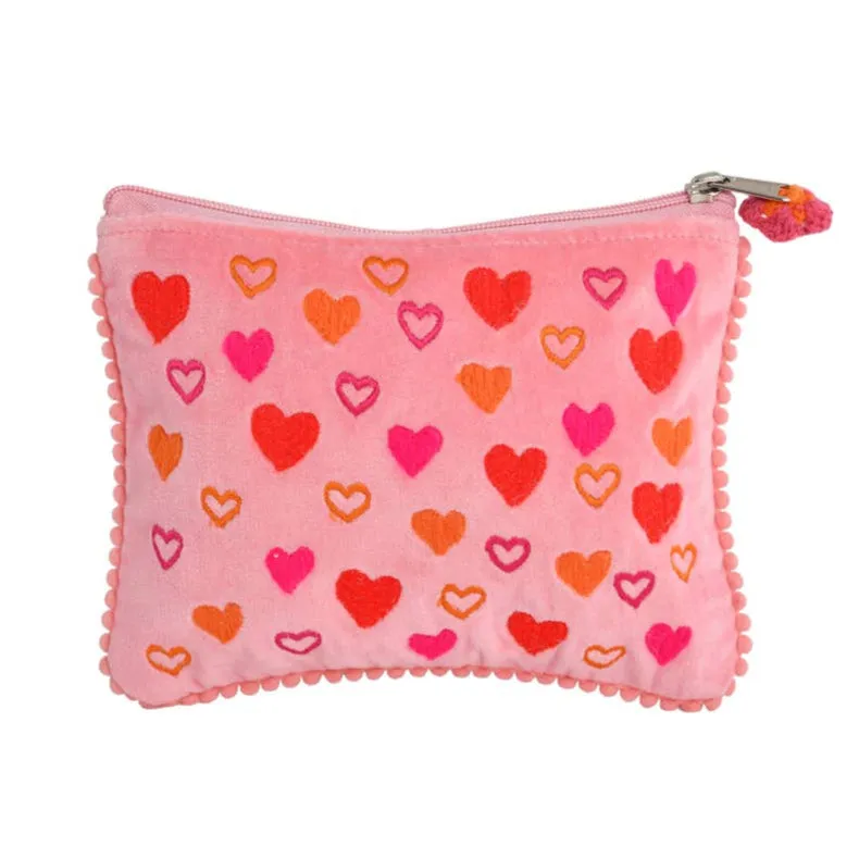 Little Hearts Embroidered Velvet Zipper Pouch