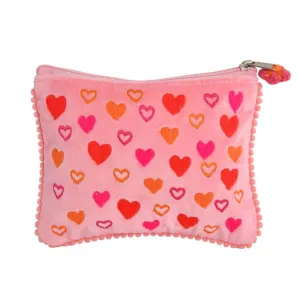 Little Hearts Embroidered Velvet Zipper Pouch