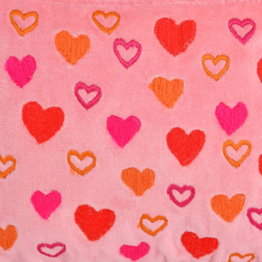 Little Hearts Embroidered Velvet Zipper Pouch